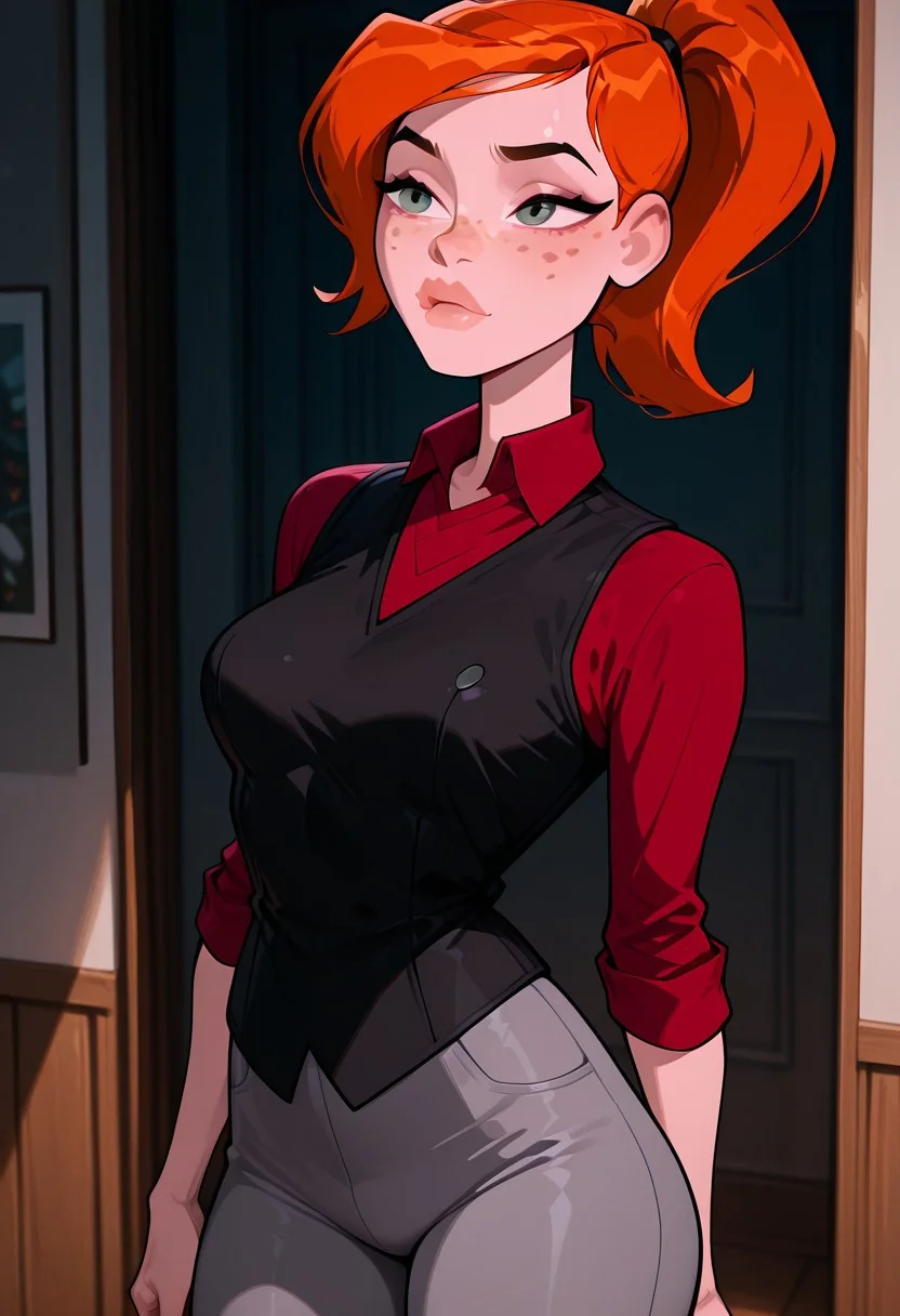 ((screencap, cartoon)) , masterpiece, best quality, amazing quality, very aesthetic, absurdres, newest,
ovgwen, orange hair, 1girl, freckles,, lips
ponytail, red shirt, red collar, black vest, long sleeves, grey pants
posing