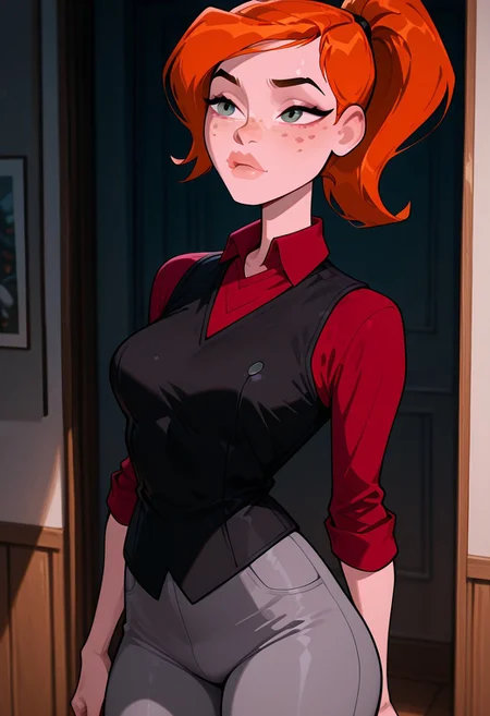 ((screencap, cartoon)) , masterpiece, best quality, amazing quality, very aesthetic, absurdres, newest,
ovgwen, orange hair, 1girl, freckles,, lips
ponytail, red shirt, red collar, black vest, long sleeves, grey pants
posing