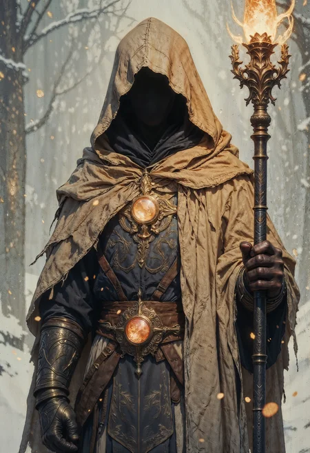 a highly detailed CGI rendering depicting a medieval fantasy warrior. The warrior stands against a blurred, wintry background with a soft, snow-laden atmosphere. The figure is cloaked in a hooded, tattered beige robe, which drapes over their shoulders and arms, leaving their face obscured. The texture of the robe appears coarse and worn, suggesting a rugged, battle-hardened life.
The warrior's attire includes intricately designed dark armor with an ornate, glowing core. The armor features elaborate patterns and a central glowing gemstone, likely a magical element, set in the chest plate. The glowing core extends into the figure's gauntlets, adding a mystical, almost otherworldly aura.
In the warrior's right hand, they hold a long, ornate staff with a fiery, crystalline tip that emits a warm, orange glow, contrasting starkly with the cold, muted background. The staff is adorned with detailed carvings and has a dark, almost black color, enhancing the mystical theme.
The warrior's left hand is covered in a black, leather glove, with visible wear and tear, adding to the rugged appearance. The overall color palette is dominated by earthy tones and the warm glow of the magical elements, creating a dramatic and immersive visual effect.