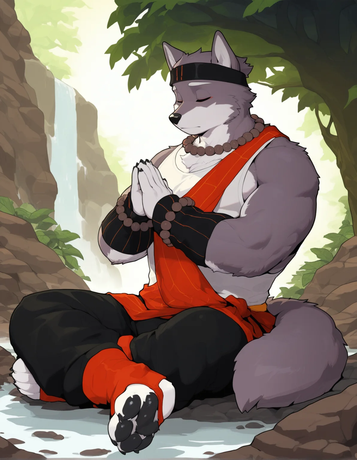 null-ghost, darkgem, triratna, wolf, solo, anthro, male,
black headband, bead necklace, bead bracelet, stripped handwear, white tank top, red clothing around body, black pants, red furgonomic footwear, sitting, black pawpads,
(lotus:0) pose, sitting, on ground, waterfall, rock, praying, eyes closed, nature, plants,
<lora:ThreefoldRecital_1.2:1>