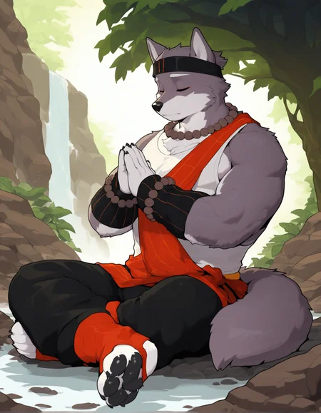 null-ghost, darkgem, triratna, wolf, solo, anthro, male,
black headband, bead necklace, bead bracelet, stripped handwear, white tank top, red clothing around body, black pants, red furgonomic footwear, sitting, black pawpads,
(lotus:0) pose, sitting, on ground, waterfall, rock, praying, eyes closed, nature, plants,
<lora:ThreefoldRecital_1.2:1>