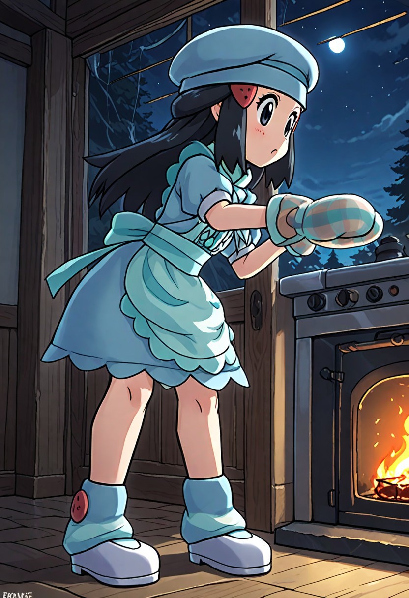2d, masterpiece, best quality, amazing quality, 1girl, solo, standing, night, moonlight, sky, pdawn, pdawex, black hair, long hair, hair clip, chef hat, light blue headwear, oven mittens, light blue and red mittens, light blue dress, short sleevees, waist apron, light blue socks, shoes, white footwear