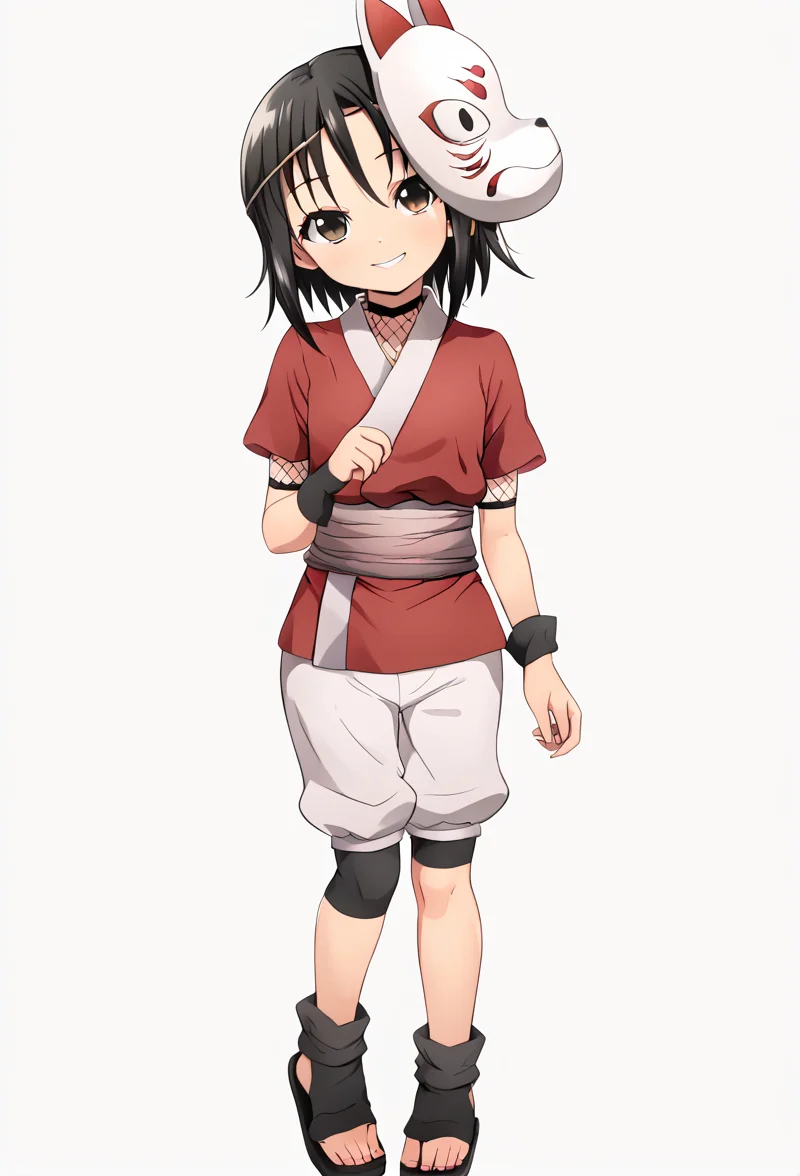 <lora:rindou:1> rindo, solo, smile, looking at viewer, japanese clothes, fox mask, mask on head, white shorts, short sleeves, fishnets, full body, sash, white background,