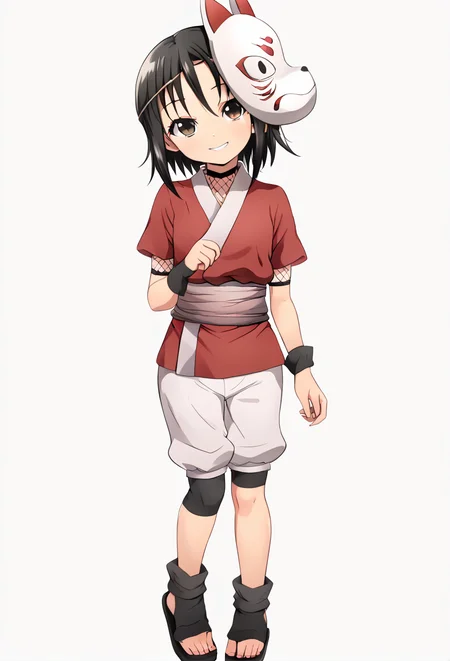 <lora:rindou:1> rindo, solo, smile, looking at viewer, japanese clothes, fox mask, mask on head, white shorts, short sleeves, fishnets, full body, sash, white background,