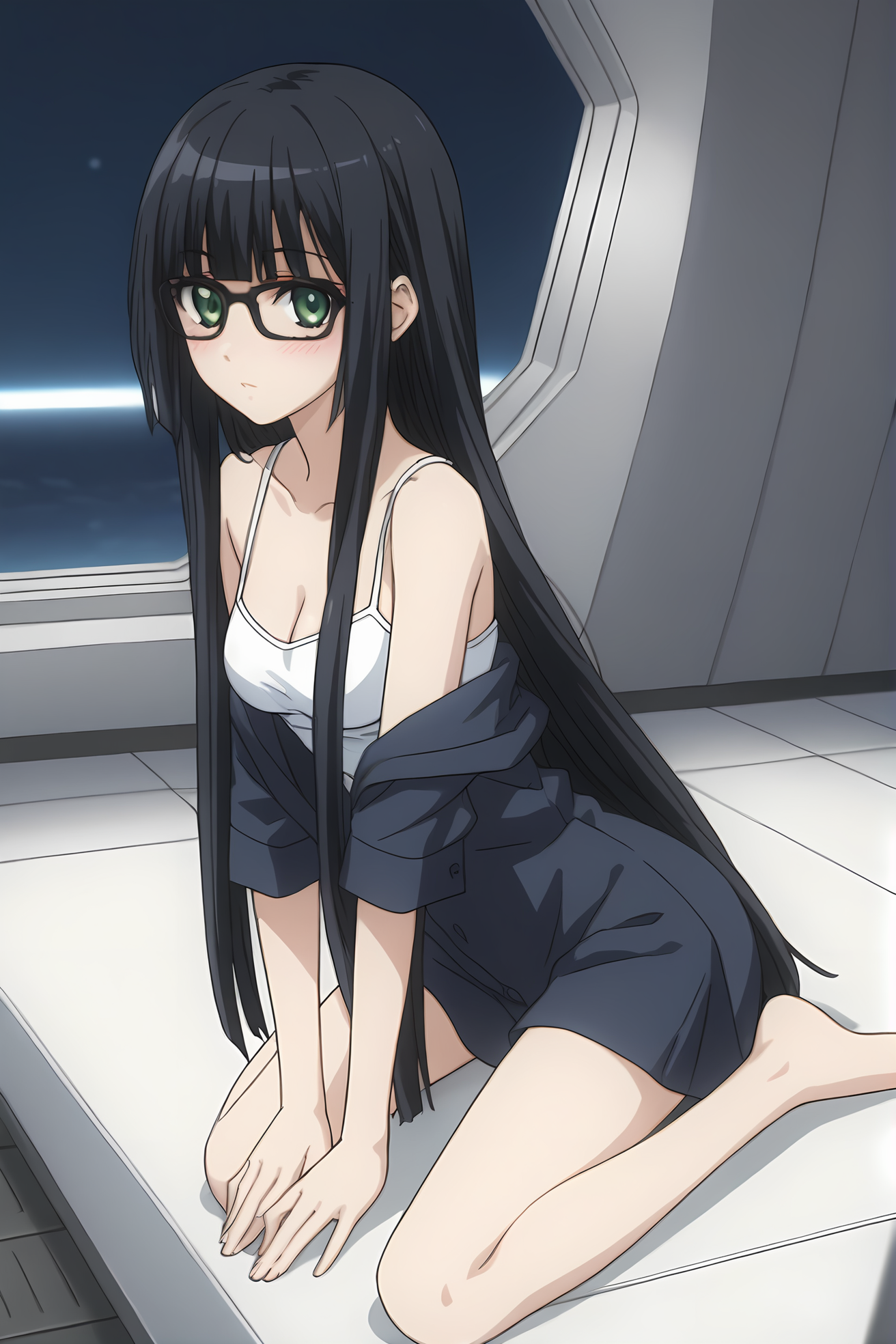 (casual clothes:1.50), cpc-aoi, black hair, blunt bangs, long hair, green eyes, black glasses,
1girl, solo, skinny, (source_anime, score_9, score_8_up, score_8, score_7_up), score_7, score_6_up, score_6, score_5_up, score_5, 
(blush:1.30),
(spacecraft:0.90),
(full body:0.80), (feet:0.80),
medium breasts,
<lora:cpc-aoi-V01-000004:0.90>