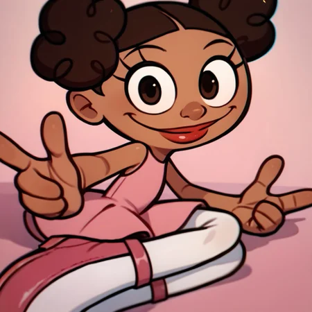 score_9, score_8_up, score_7_up BREAK MeeMeeDL, 1girl, dark brown hair, dark brown eyes, brown skin, curly pigtails, lipstick, sleeveless pink dress, white tights, pink ballet shoes, smiling at viewer, solo, solo focus,