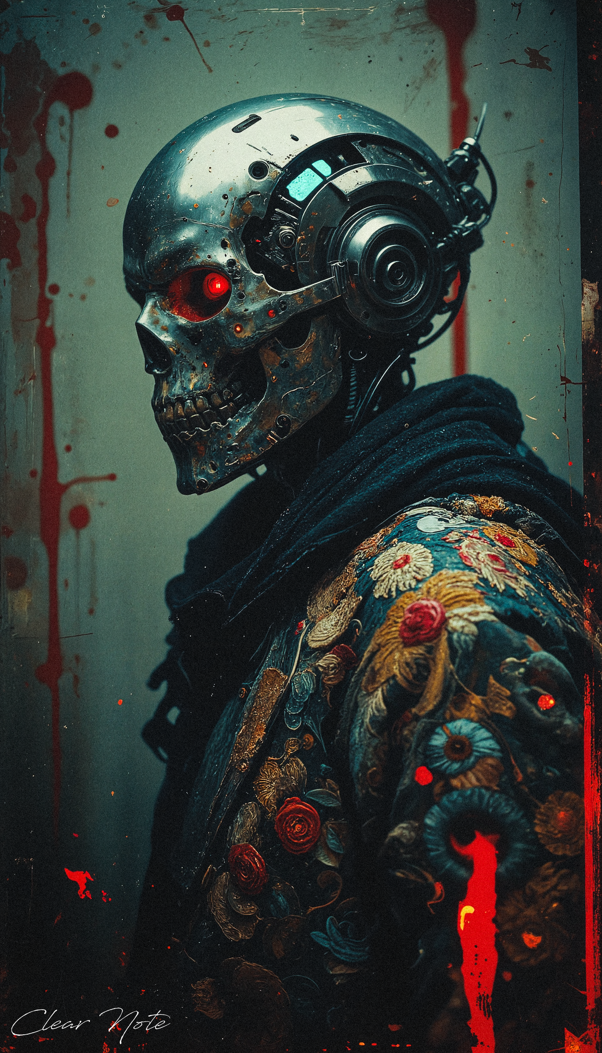 A cyborg reaper clad in a floral-patterned jacket stands amid a blood-soaked backdrop, its eerie presence blending menace with surreal elegance.