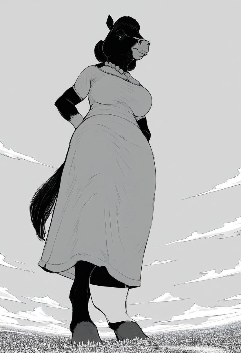 score_9, score_8_up, score_7_up, score_6_up, (source_furry), (anthro, female, horse, hooves, muscular, stern look, black fur, milf, mature, full body), landscape, monochrome, micro city, from below