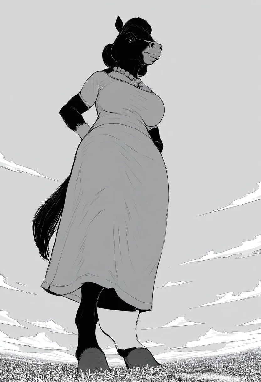 score_9, score_8_up, score_7_up, score_6_up, (source_furry), (anthro, female, horse, hooves, muscular, stern look, black fur, milf, mature, full body), landscape, monochrome, micro city, from below