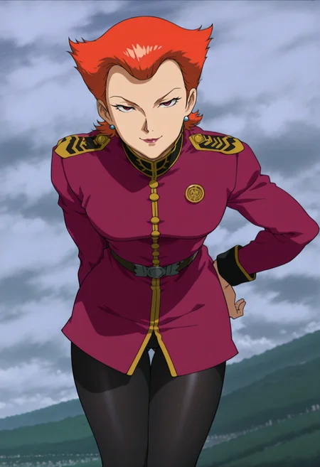 masterpiece, best quality, good quality, <lora:GOKycilia:1>, GOKyciliaE1, 1girl, solo, short hair, orange hair, red eyes, earrings,
red military uniform, black leggings,
looking at viewer, seductive smile, hand on own hip, leaning forward, 
BREAK colony sky, outdoors,