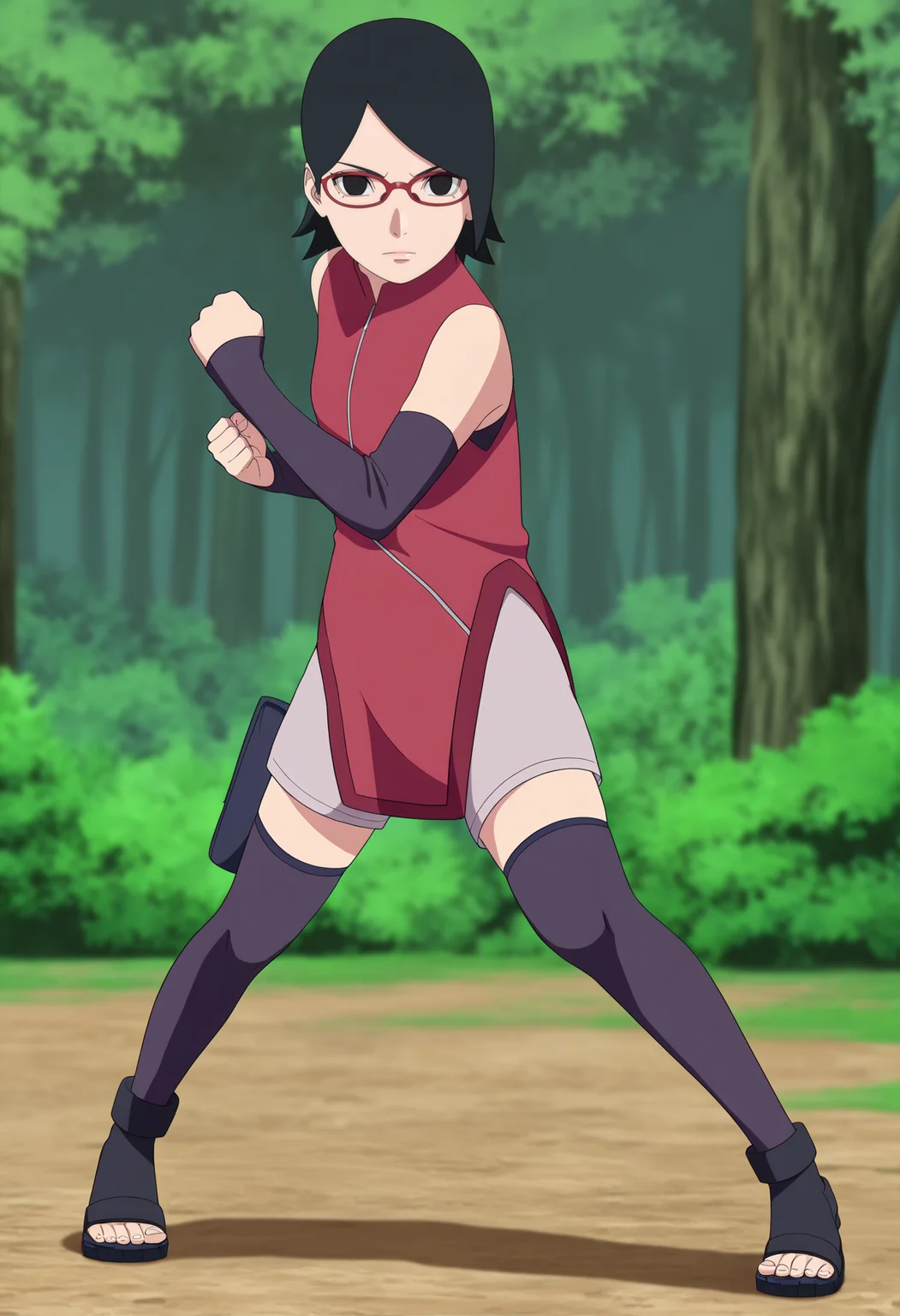 masterpiece, best quality, very aesthetic, absurdres,
1girl, sarada, black eyes, black hair, short hair, glasses,
detached sleeves, shorts, thighhighs, toeless shoes, red sleeveless dress,
clenched hands,
fighting stance, full body, looking at viewer, solo, standing, outdoors, forest, <lora:SaradaNoobXL_byKonan:1>