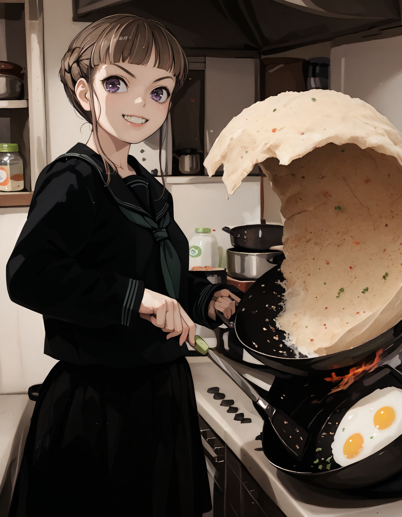 score_9, score_8_up, score_7_up BREAK 1girl, solo, Manaka Nemu, braided hair, purple eyes, long sleeves, necktie, black skirt, black serafuku, black thighhighs, incrsfriedriceprankmeme, food, fried egg, frying pan, holding, kitchen, grin <lora:Nemu move -1.7:1> <lora:FriedRicePrankMeme_XLPD:1>