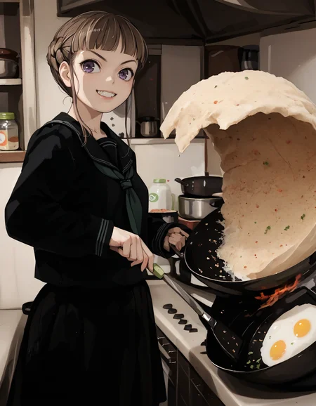 score_9, score_8_up, score_7_up BREAK 1girl, solo, Manaka Nemu, braided hair, purple eyes, long sleeves, necktie, black skirt, black serafuku, black thighhighs, incrsfriedriceprankmeme, food, fried egg, frying pan, holding, kitchen, grin <lora:Nemu move -1.7:1> <lora:FriedRicePrankMeme_XLPD:1>