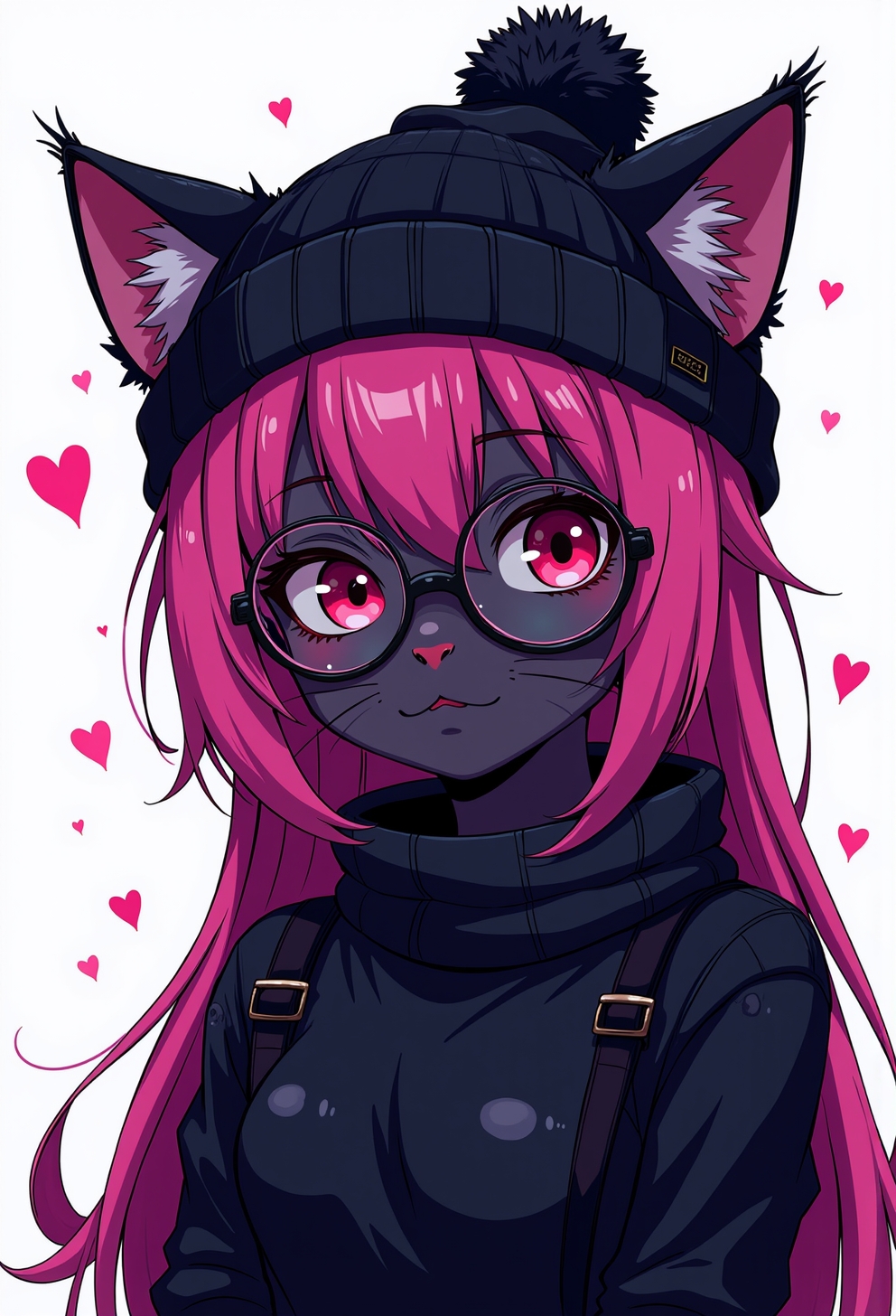 <lora:ck-nc-cyberpunk-V2-000013:1>, A digital artwork in the style of cknc, black cat with pink hair wearing a black beanie and (wearing round glasses:1.2) and wearing a black turtleneck.