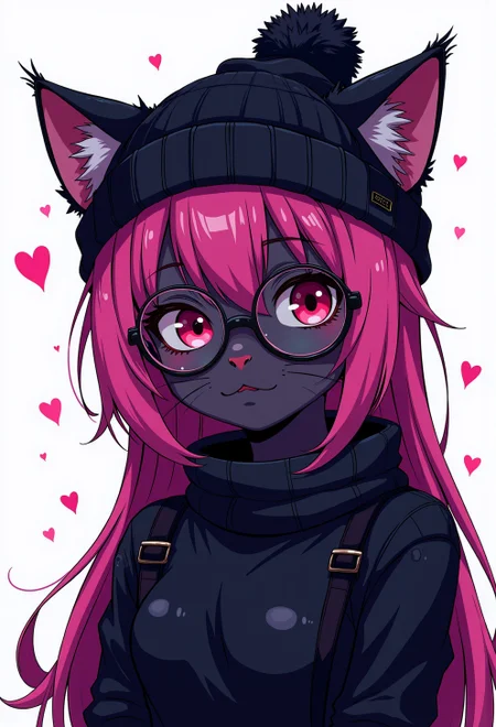 <lora:ck-nc-cyberpunk-V2-000013:1>, A digital artwork in the style of cknc, black cat with pink hair wearing a black beanie and (wearing round glasses:1.2) and wearing a black turtleneck.