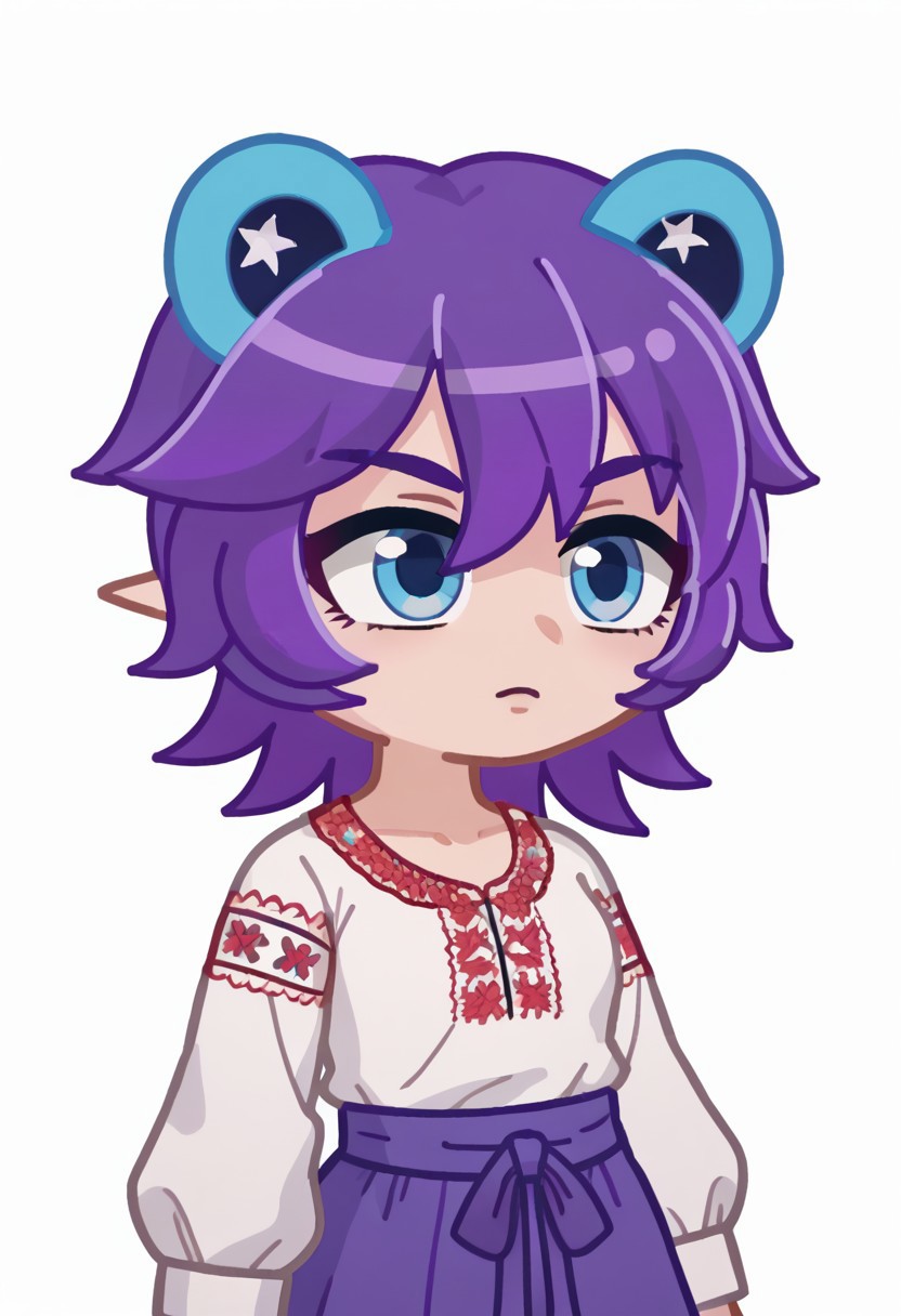 Vyshyvanka, Ukrainian embroidered shirt, embroidered shirt, FTROGY5, GachaFTROGY5, Gacha, girl, purple hair, bob haircut, blue frog ears, Blue eyes, big eyes, score_9,score_8_up,score_7_up,score_6_up