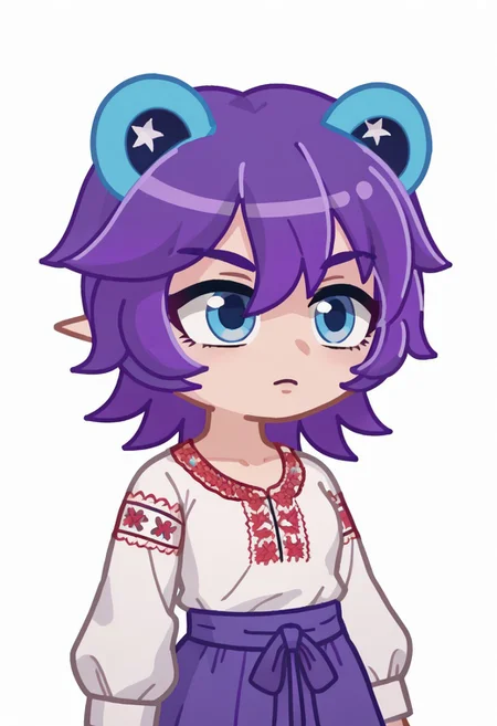 Vyshyvanka, Ukrainian embroidered shirt, embroidered shirt, FTROGY5, GachaFTROGY5, Gacha, girl, purple hair, bob haircut, blue frog ears, Blue eyes, big eyes, score_9,score_8_up,score_7_up,score_6_up