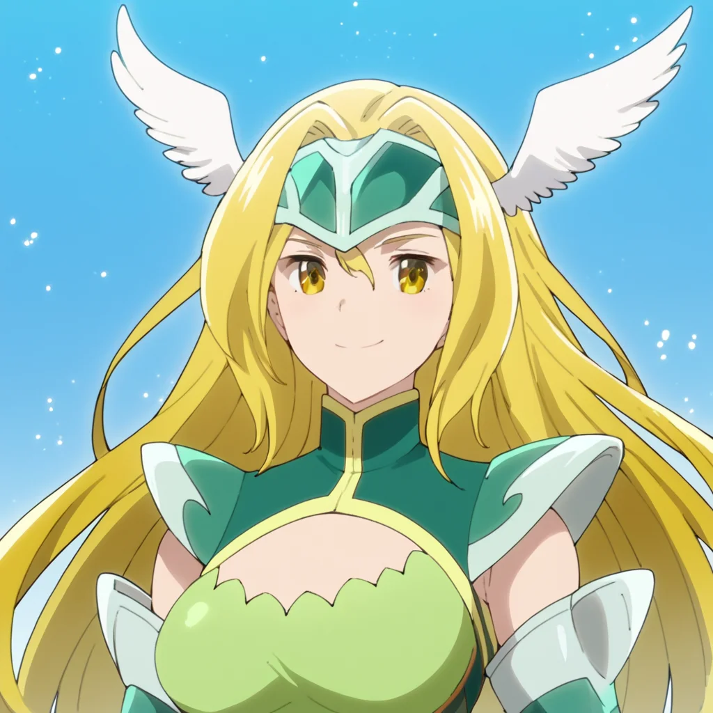 score_9, score_8_up, score_7_up, score_6_up, score_5_up, score_4_up, source_anime, Valkyr, long hair, blonde hair, head wings, winged helmet, yellow eyes, armor, green skirt, smile, portrait