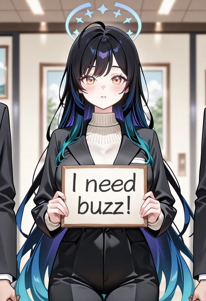 (masterpiece:1.2), (best quality:1.2), (absurdres:1.2), (high quality:1.2), (detailed:1), , anime coloring, anime screencap, 1girl, female, halo, medium_breast, long flowing light black hair, pastel blue purüle and gradient hair, side-swept bangs, beautiful eyes and hair, (almond eyes, slant eyes:1.2), (hand holding sign, "Need buzz":1.2), mature, standing, detailed office background, business suit, pant, detailed eyes, high detail eyes, multicolored iris, detailed iris, full lashes, Manhwa style,Bright colors, Contour line, pale painting, sprite, easynegative, VtuberXL,, virtual youtuber, solo focus, looking at viewer, dynamic pose, genshinportrait, sketch, portrait, holding sign, "Need buzz"
