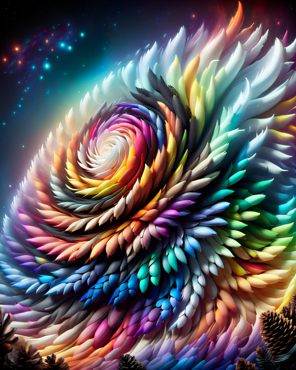 ral-pinecone, a rainbow spiral galaxy, background black color