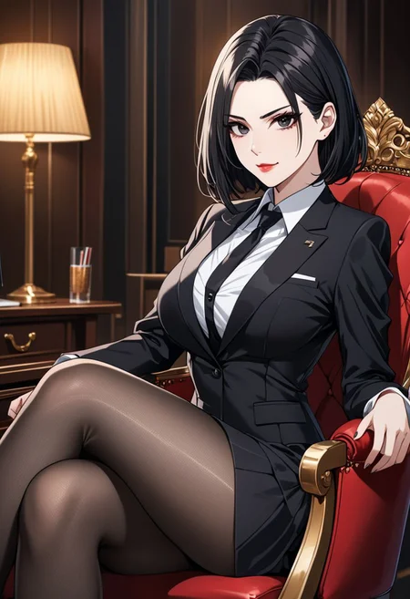 (anime, masterpiece, intricate:1.3), (best quality, hires textures, high detail:1.2), (4k),(incredibly detailed:1.4), perfect anatomy, graceful face, slim, big breasts, constricted waist, nice body, sexy lips, arrogant look, villain, 1woman, evilish smile, high pointed nose, (nostrils:1.3), Office lady, tights, classic suit, skirt, pantyhose on legs, sexy pose, sitting on a chair, gorgeous lips, UHD, 8K, ultra detailed, a cinematic photograph of HDR photo of Closeup photo of a beautiful natural 22-year-old woman, pale skin,
black eyes, bob hair, black hair, evil look