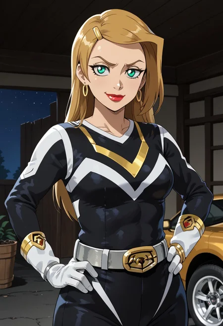 score_9, score_8_up, score_7_up, BREAK,
1girl, solo, Sarah, green eyes, blonde hair, long hair, hairclip, earrings, lipstick, muscular, medium breasts, narrow waist, wide hips, sentaisaintforce, black bodysuit, silver belt, white gloves, spandex, m-shaped chest symbol, helmet removed, no headwear,BREAK,
cowboy shot, smug, half-closed eyes, standing, hand on hip, indoors, garage, night,