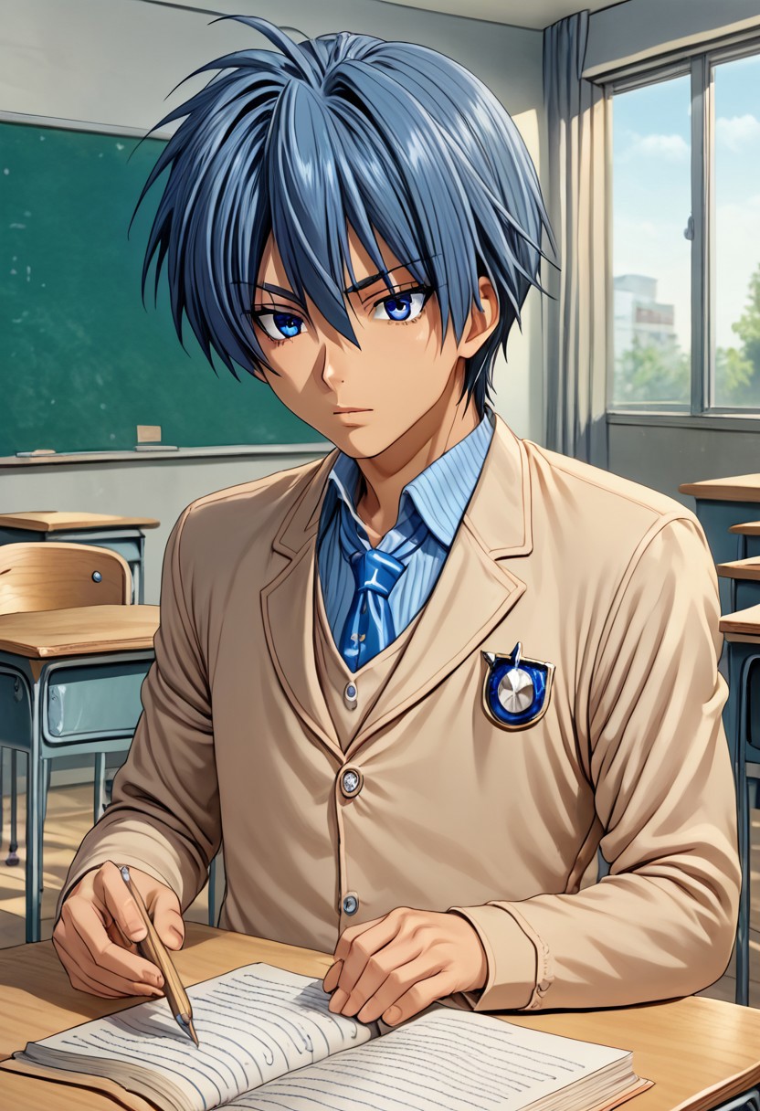 high resolution, solo, best quality, 1Boy, Tomoya Okazaki, Grey Blue Hair, blue eyes, Teacher, classroom, education, knowledge,
