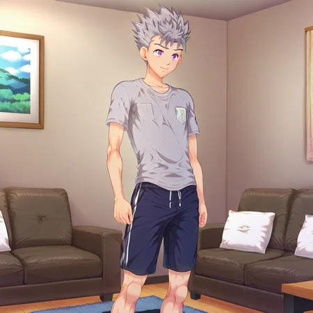 solo, grey hair, 1boy, spiked hair, male focus, GREY HAIR, light purple eyes