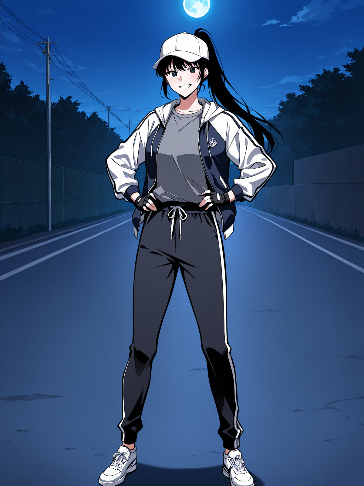 <lora:Omniscient_Readers_Viewpoint__Lee_Jihye:1>
1girl, solo, long hair, black hair, tied hair, high ponytail, black eyes, messy bangs, 
white baseball cap, white and navy jacket, gray t-shirt, black track pants, white stripe pants, black fingerless gloves, white sneakers, sporty outfit,
score_9, score_8_up, score_7_up, very aesthetic, source_anime, detailed, high quality, beautiful, masterpiece, very aesthetic, high definition, amazing quality, highres, absurdres, outdoors, looking at viewer, smile, grin, hands on hips, night, blue moon