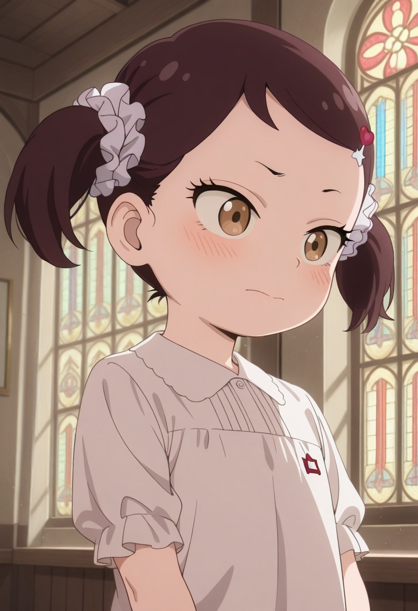 masterpiece,best quality,amazing quality, becky blackbell, female child, child, brown hair, brown eyes, short twintails, 1girl, stained glass, solo, hair ornament, twintails, shirt, indoors, scrunchie, upper body, closed mouth, short sleeves