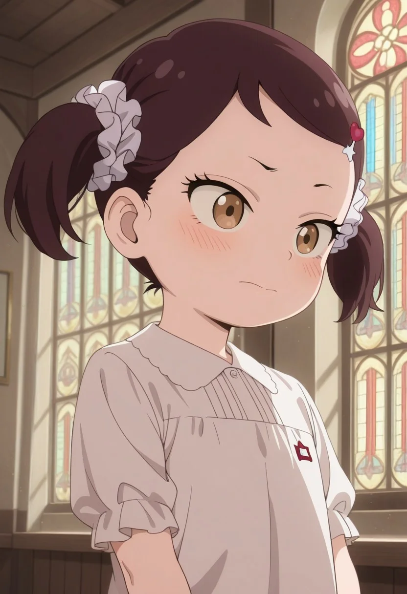 masterpiece,best quality,amazing quality, becky blackbell, female child, child, brown hair, brown eyes, short twintails, 1girl, stained glass, solo, hair ornament, twintails, shirt, indoors, scrunchie, upper body, closed mouth, short sleeves