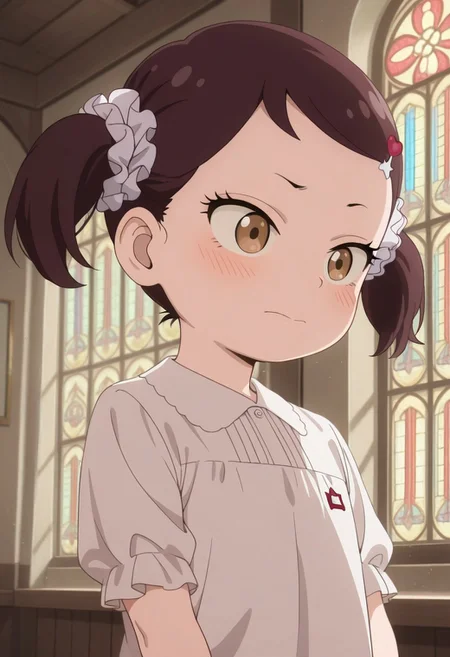 masterpiece,best quality,amazing quality, becky blackbell, female child, child, brown hair, brown eyes, short twintails, 1girl, stained glass, solo, hair ornament, twintails, shirt, indoors, scrunchie, upper body, closed mouth, short sleeves