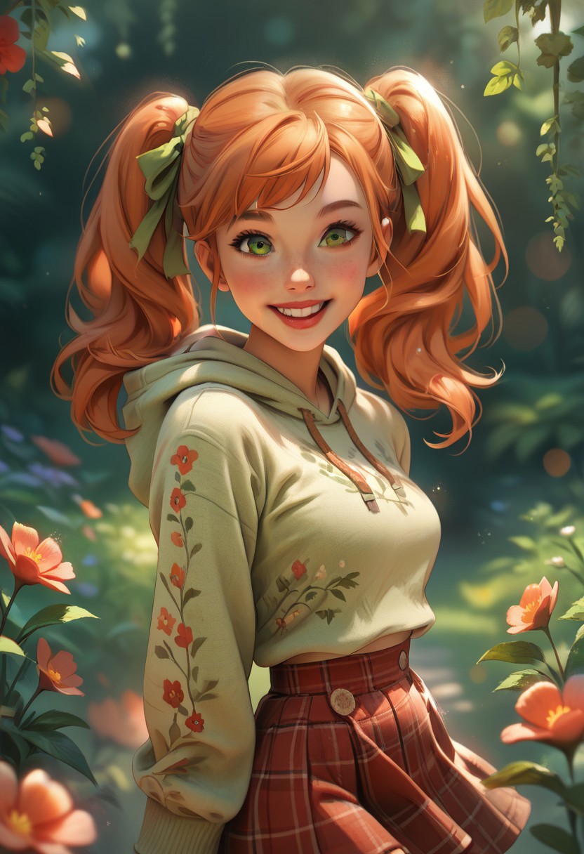 score_9,score_8_up,score_7_up,score_6_up, girl, 21 years old, green eyes, red lips, ginger twintails, green ribbons, happy,, tan lines, happy, lush garden background, cinematic colors, emerald hoodie, short skirt, cinematic light, bokeh, xaxaxa 1_style