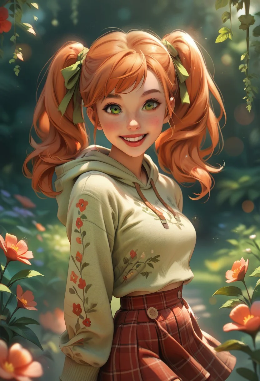 score_9,score_8_up,score_7_up,score_6_up, girl, 21 years old, green eyes, red lips, ginger twintails, green ribbons, happy,, tan lines, happy, lush garden background, cinematic colors, emerald hoodie, short skirt, cinematic light, bokeh, xaxaxa 1_style