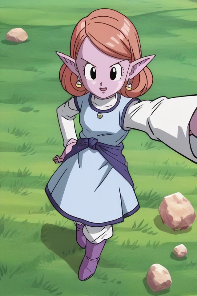 source_anime, score_9, score_8_up, score_7_up, anime screencap,8k, absurdres, 
selfie, from above, 
chronoa, 1girl, solo, open mouth, potara earrings, white footwear, pointy ears, orange hair, black eyes, colored skin, moon, grass, rock, white pants, white undershirt, purple footwear, boots, small breasts, shoe soles, turtleneck, Sacred World of the Kai, eyelashes, blue dress, blue sash, curly hair, high heel boots, official style
 <lora:chronoa_pony_v1:0.8>