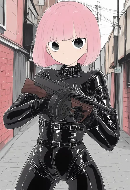 A cute woman with a shot bob cut, pink hair, wearing a closed shiny black catsuit, gloves, a corset with buckles. closed latex catsuit, tight sleeves, fetish wear,  buckles, bdsm wear. standing in a street, tmmygn, aiming a rifle with machine guns, tmmygn,