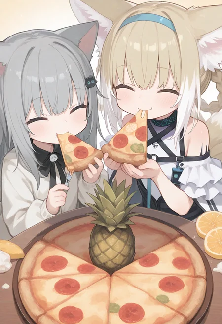 2girls, suzuran (arknights),smile, happy, ^_^, nachoneko, +_+, sparkling eyes, (pineapple slice, pineapple on pizza:1.5), (eating pineapple pizza:1.4), (hawaiian pizza:1.3),  
(zankuro:0.2), wagashi \(dagashiya\), chen bin, very awa, very aesthetic, masterpiece, best quality, amazing quality, absurdres  <lora:ponyv6_noobV1_2_adamW:0.5> <lora:n_XLNBVP1lokrV6311P:0.2> <lora:748cmXLNBVP1lokrV6311PZ:0.2> <lora:ricotte2:0.2>