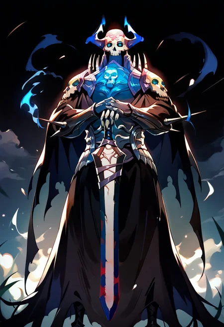score_9,score_8_up,score_7_up,source_anime, king_hassan_(fate),solo,1boy,holding,weapon,male focus,horns,sword,holding weapon,armor,mask,glowing,holding sword,fire,glowing eyes,cloak,spikes,skull,blue fire,black cloak,skull mask,