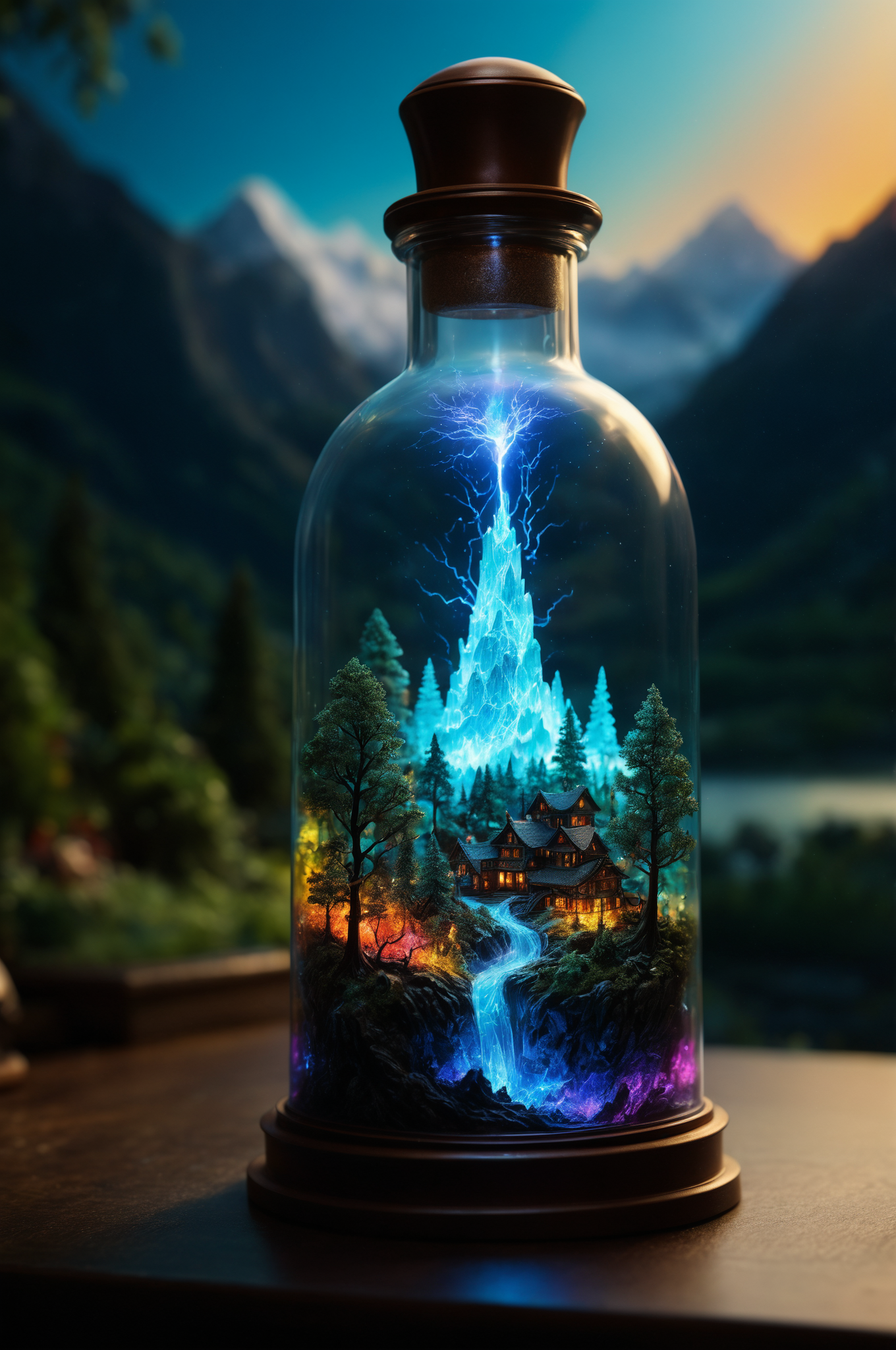 cinematic,micro shot,miniature world,extreme close up inside the big magical bottle,iridescent colorful massive neon lightning strikes contained inside the bottle,detailed landscape with trees and mountains and rivers inside the bottle,there should be mist and smoke inside the bottle,intricate,blurry dark background,<lora:add-detail-xl:1>,<lora:detailed_notrigger:1>,
