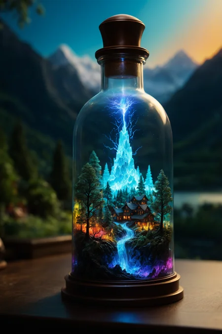 cinematic,micro shot,miniature world,extreme close up inside the big magical bottle,iridescent colorful massive neon lightning strikes contained inside the bottle,detailed landscape with trees and mountains and rivers inside the bottle,there should be mist and smoke inside the bottle,intricate,blurry dark background,<lora:add-detail-xl:1>,<lora:detailed_notrigger:1>,