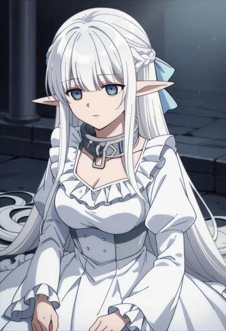 score_9, score_8_up, score_7_up, source_anime, nephelia, long hair, pointy ears, elf, white hair, blue eyes, 1girl, solo, metal collar, collar, braid, dress, white dress, french braid, empty eyes, hair bow, frills, bow