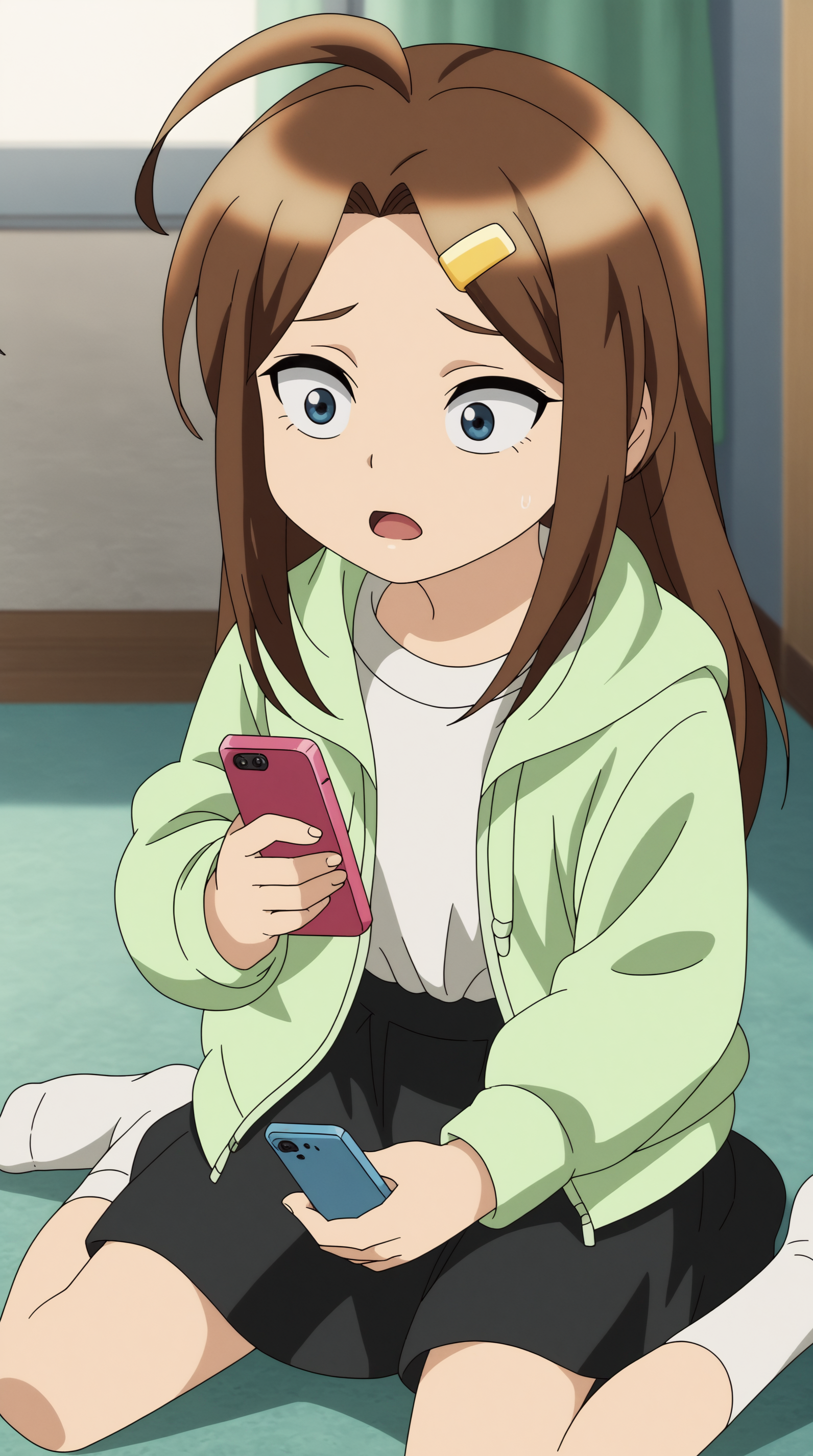 score_9, score_8_up, score_7_up,anime_source, source_anime, best background, detailed background, anime screencap, 4k, upscaled,  Marika Shiraishi, solo, open mouth, skirt, holding, sitting, socks, indoors, hood, black skirt, bag, sweatdrop, hoodie, white socks, phone, wariza, cellphone, smartphone, holding phone  <lora:JN_Marika_Shiraishi_Pony:0.8>