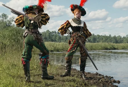 realistic, movie scene, 8K, 1 woman, ginger , beasts, shapely, closeup view,  dramatic action, dynamic angle, closeup, motley, multicolor, multiple boys, boots,hat, jewelry, plume, (armor:0.5),  sheath, weapon, holding harquebus, antique firearm, l4ndskn3cht,  outdoors, swamp, river fort in distance,<lora:landsknecht-SDXL:1>