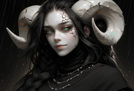 female, cel-shading, backlit, big eyes, cute eyes, delicate features, long hair, (braided hair), black hair, portrait, smug, seductive eyes,   techwear, cyborg, cybernoir, heavy rain, rainrops, (((dark))), sexy, sensual glare, teal eyes, black sclera,  big chest, solo, extreme closeup, h0rns, ram horns,