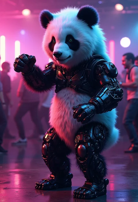 A digital artwork in the style of cknc, a full body portrait shot of an anthropomorphic biomechanical panda, doing the robodance in the Club, in Dancefloor <lora:lora:1> <lora:dvr-transformers-flux:1>