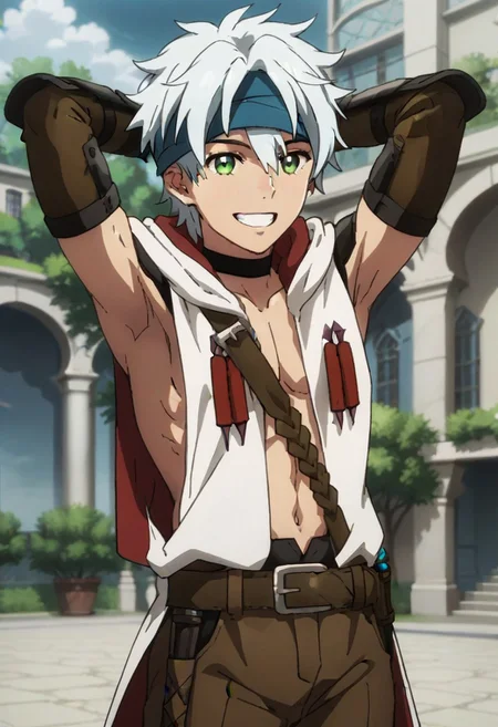 ((masterpiece)), ((best quality)), ((ultra-detailed)), score_9_up, score_8_up, score_7_up, HD, top quality, best quality, High-quality illustrations, anime screencap, perfect anatomy, 1male, 1boy, solo male, male focus, anime, anime boy, male anime character, handsome, attractive, cute, Aram, white hair, green eyes, blue headband, long sleeveless white hoodie, tailcoat, black choker, long arm guards, brown pants, smiling, big smile with teeth, happy, arms behind head pose, exposed armpits, showing armpits, beautiful view background, nature background