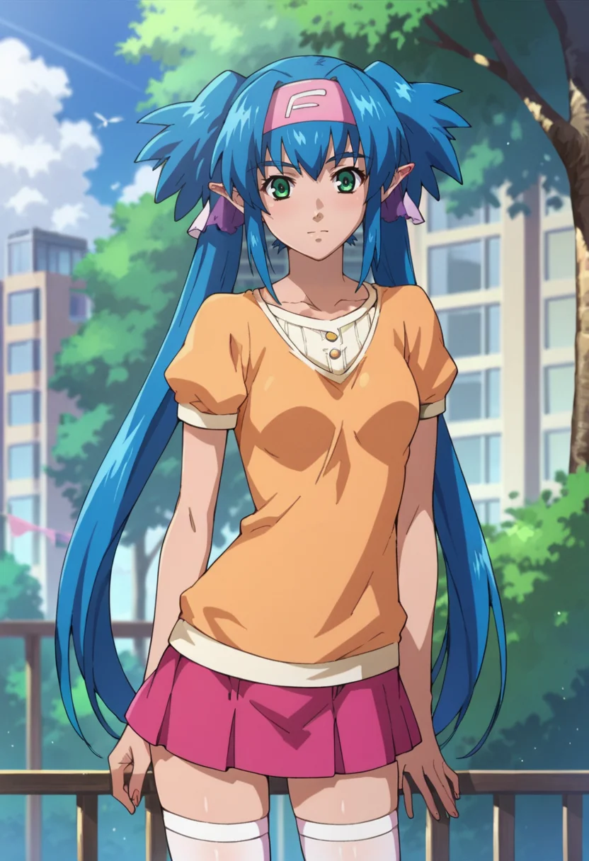 score_9,score_8_up,score_7_up,score_6_up,score_5_up,score_4_up,anime coloring,source_anime,<lora:Klan_Klang_Macross_Frontier_Pony:0.8>,klanl,1girl,green eyes,pointy ears,blue hair,long hair,quad tails,headband,orange shirt,pink skirt,white thighhighs,standing,outdoors,looking_at_viewer,