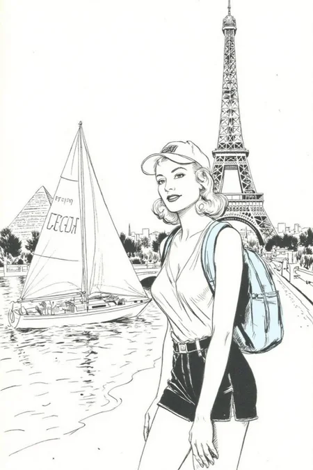 alexray1 drawing
a woman in a white tank top and black shorts. She is wearing a white baseball cap. She has a blue backpack on her back. Behind her is the Eiffel tower. To the left of the woman is a white sailboat. Behind the sailboat is a pyramid <lora:alexray1_nocap_d6a3:1.0><lora:815514925725312893:0>