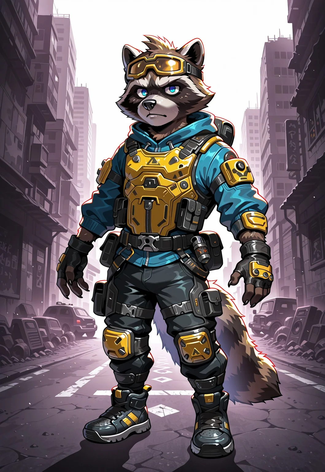 masterpiece,best quality, amazing quality,1boy, solo, black and white furr raccoon, Furry raccoon, fluffy tail, 5 fingers, raccoon Blue eyes, black nose, sneakers, black jeans, blue hoodie, tactical black body armor, yellow ski goggles on eyes under hood, hood, fingerless gloves, knee pads and shin guards, stalker and Titanfall style suit. A ruined city in the distance