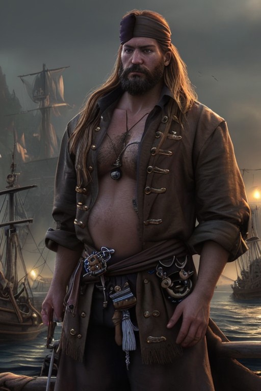 (masterpiece:1.2), (best quality,:1.2), 8k, HDR, ultra detailed, ((photorealistic)), professional light, cinematic lighting, fashion photography, ambient lighting, atmospheric effects, <lora:detail_slider_v4:2>, <lora:zoom_slider_v1:4>, a (male) pirate, long hair, beard, <lora:PirateGarb:0.5>, in a pirate harbor on a pirate island, <lora:PirateRealms:0.6>, PiRe, epiCPhoto